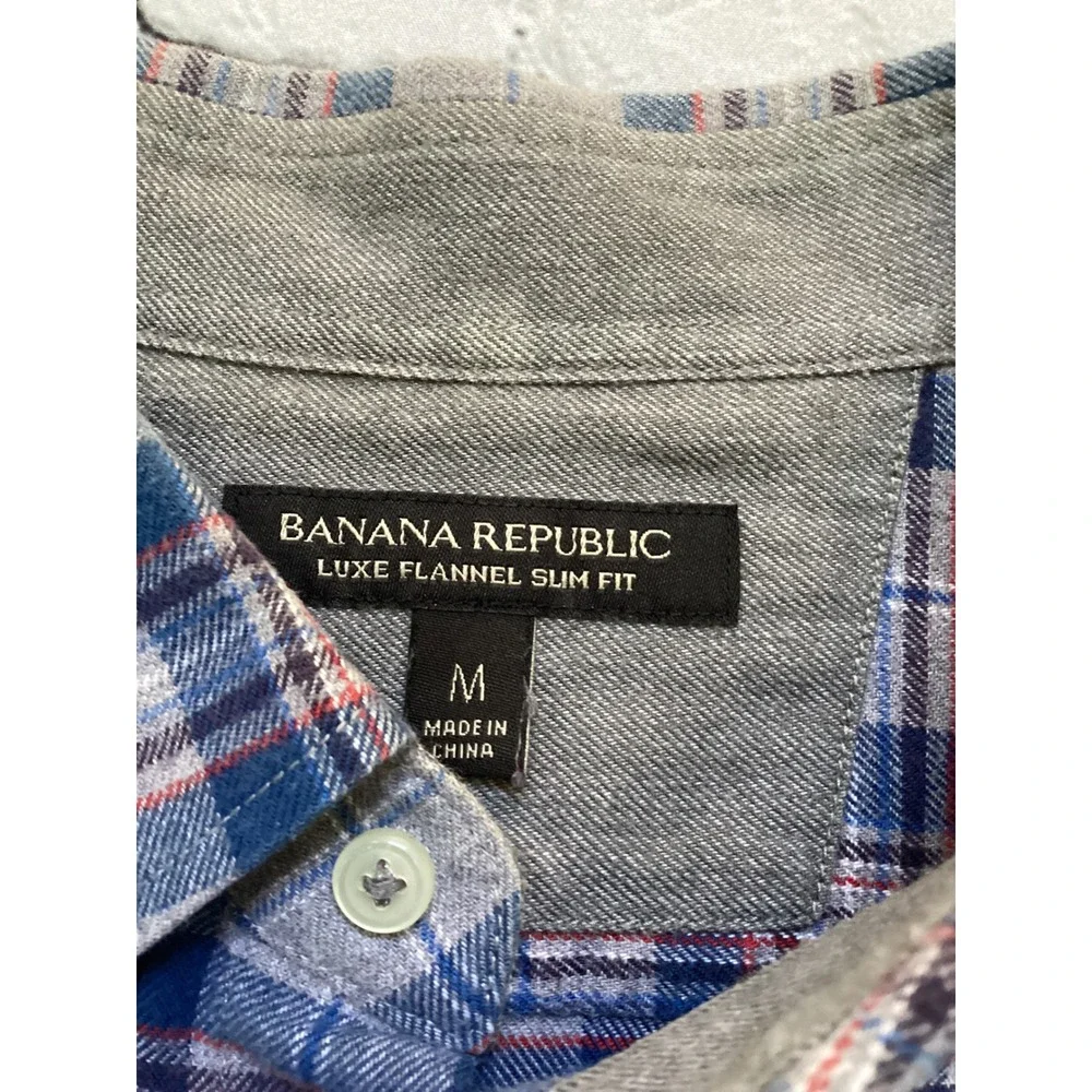 Banana Republic Mens Luxe Flannel Slim Fit Plaid Button Down Shirt Blue Grey M